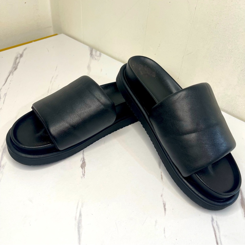 H&M Chunky Platform Sandals Open Toe SlipOn Slide Black Faux Leather US Sz 8-8.5 - Picture 7 of 7
